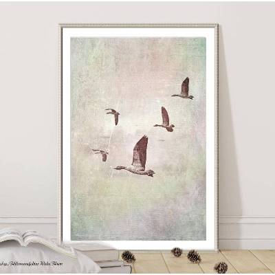 Wildgänse Zugvögel Bild auf Holz Leinwand Fineartprint Wanddeko Landhausstil Vintage Style Shabby Chic handmade kaufen