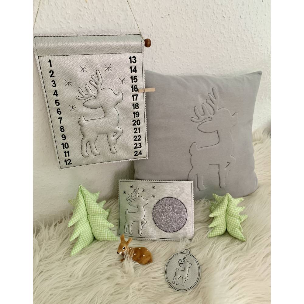 Stickdatei 3D Rentier, Trapunto Adventskalender, Geschenkanhänger, Mug Rug Set 886 Weihnachten, Maschinenstickerei Bild 1