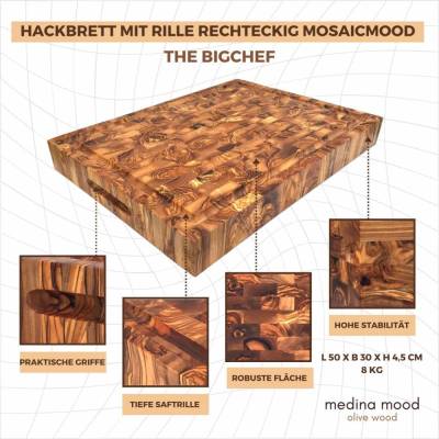 Hackbrett The Bigchef mosaicmood rechteckig mit Rille Länge ca. 50x30 cm Schneidebrett Servierbrett Massiv Handgemacht