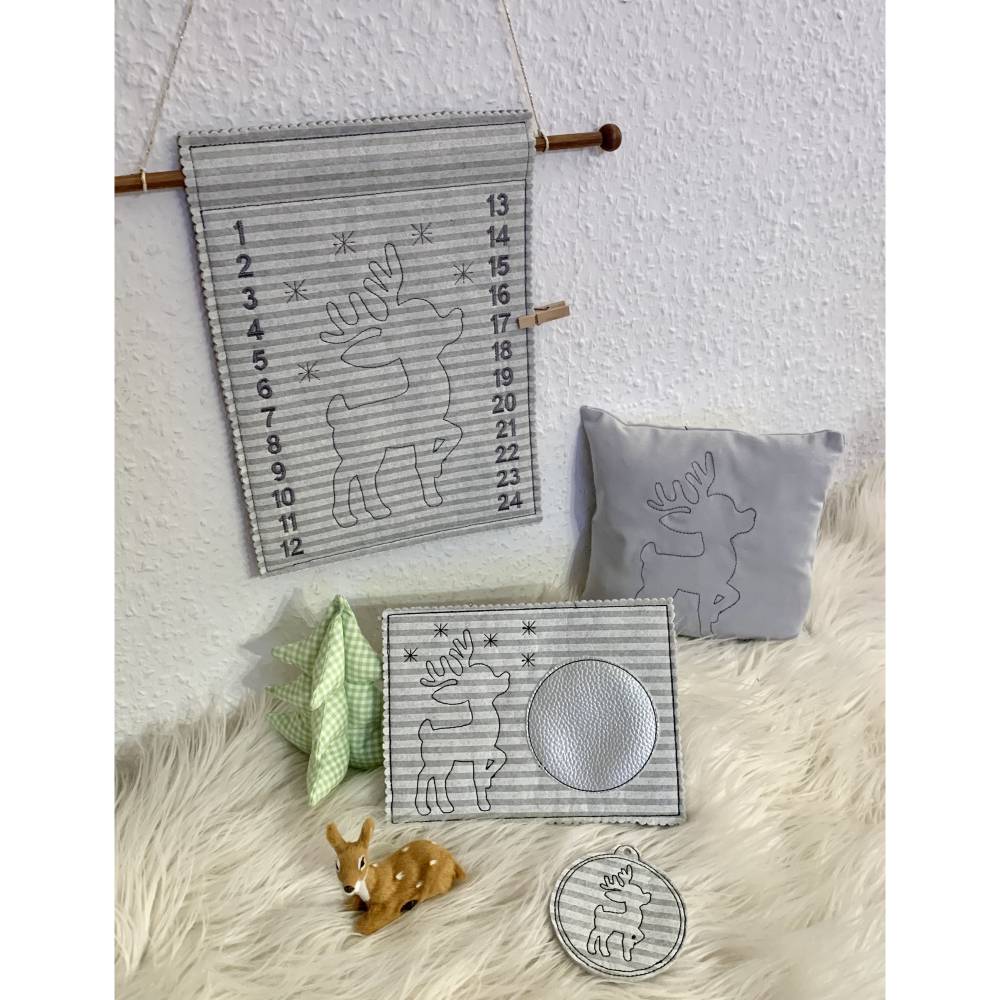 Stickdatei Rentier Outline, Adventskalender, Geschenkanhänger, Mug Rug, Set 886a Weihnachten, Maschinenstickerei Bild 1