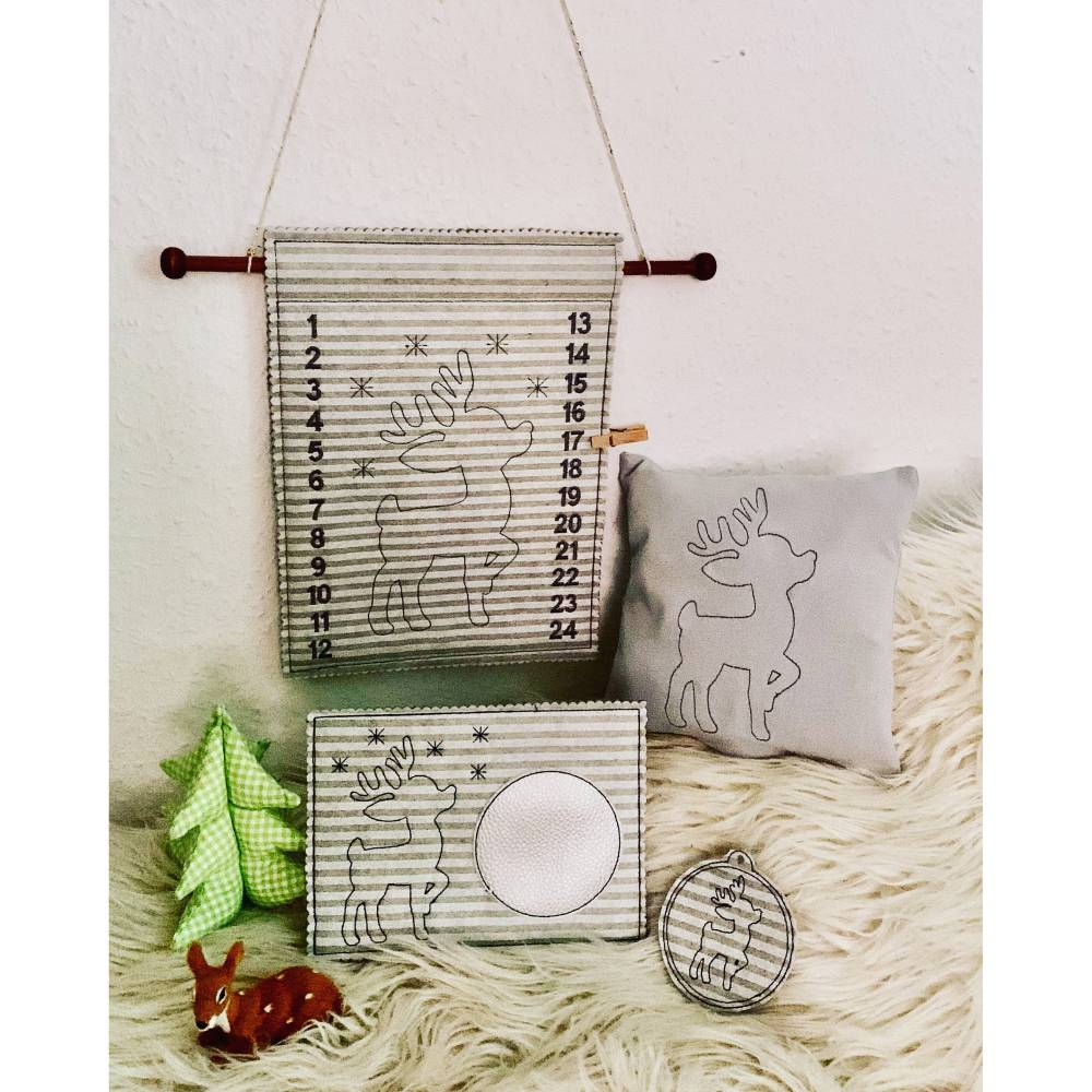 Stickdatei Rentier Outline, Adventskalender, Geschenkanhänger, Mug Rug, Set 886a Weihnachten, Maschinenstickerei Bild 6