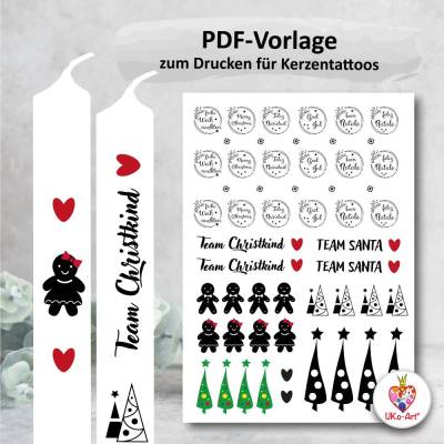Kerzentattoo Kerzensticker Weihnachten-2 international, pdf/jpg Vorlage Stumpenkerzen + Stabkerzen