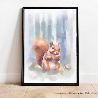 KLEINES EICHHÖRNCHEN mit Nüssen Waldtiere Poster Print Wanddeko Kinderzimmer Wandbild Aquarell handgemalt günstig kaufen