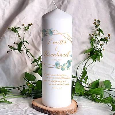 Hochzeitskerze Design Eukalyptus Gold - Stumpenkerze