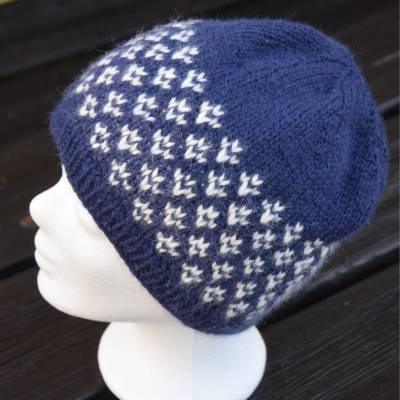 Strickmütze Wolle mit Alpaka Beanie marineblau-weiß Fair Isle handgestrickt Universalgröße 