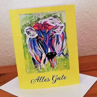 Grußkarte Klappkarte, Alles Gute. Kuh-Motiv. Hochwertiger Druck vom eigenen Gemälde, mit Umschlag und Schutzhülle