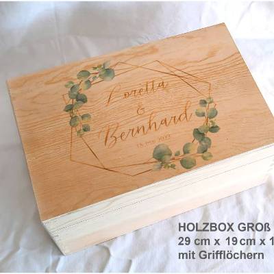 Erinnerungsbox aus Holz Hochzeit Design Eukalyptus Gold