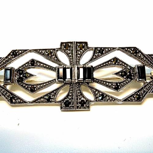 Glamouröse 925 Silber Jugendstil Onyx Brosche