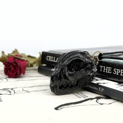 Halskette mit Katzenschädel Anhänger aus Keramik, Katzenschädel mit bösem Blick, Gothic Schmuck, okkulter Halsschmuck