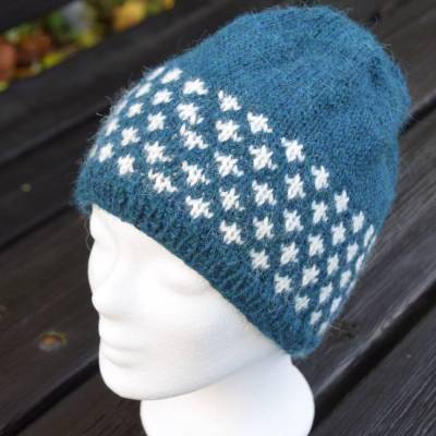Strickmütze Wolle mit Alpaka Beanie ozeangrün-weiß Fair Isle handgestrickt Universalgröße 
