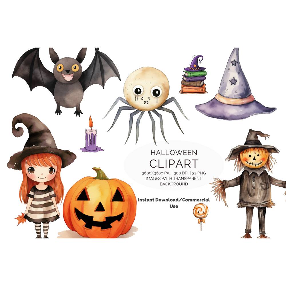 32 Halloween PNG Watercolor Clipart Bundle, Sublimation, Commercial License Bild 1