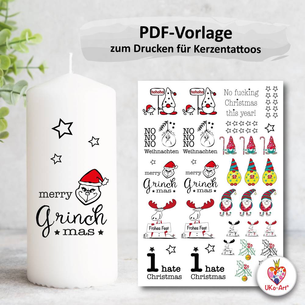 Kerzentattoo Weihnachten Grinchmas, pdf/jpg Vorlage für Kerzensticker, Stumpenkerzen + Stabkerzen