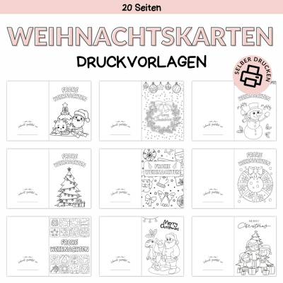 Weihnachtskarten Druckvorlage für Kinder zum Ausmalen, Digitaler Download zum Selberdrucken, Malvorlage mit 20 Seiten