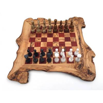 Schachspiel rustikal aus Olivenholz Schachbrett Gr. XL inkl. 32 Schachfiguren aus Marmor Farbe wählbar Naturprodukt Hand