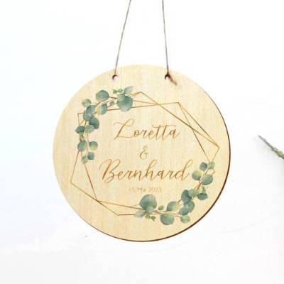 Türschild Wanddekoration personalisiertes Bild rund Holz Acryl Design Eukalyptus Gold
