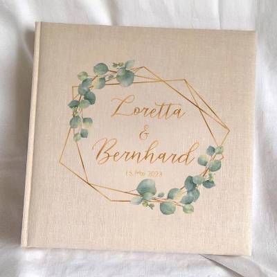 Fotoalbum echtes Leinen personalisierbar Design Eukalyptus Gold