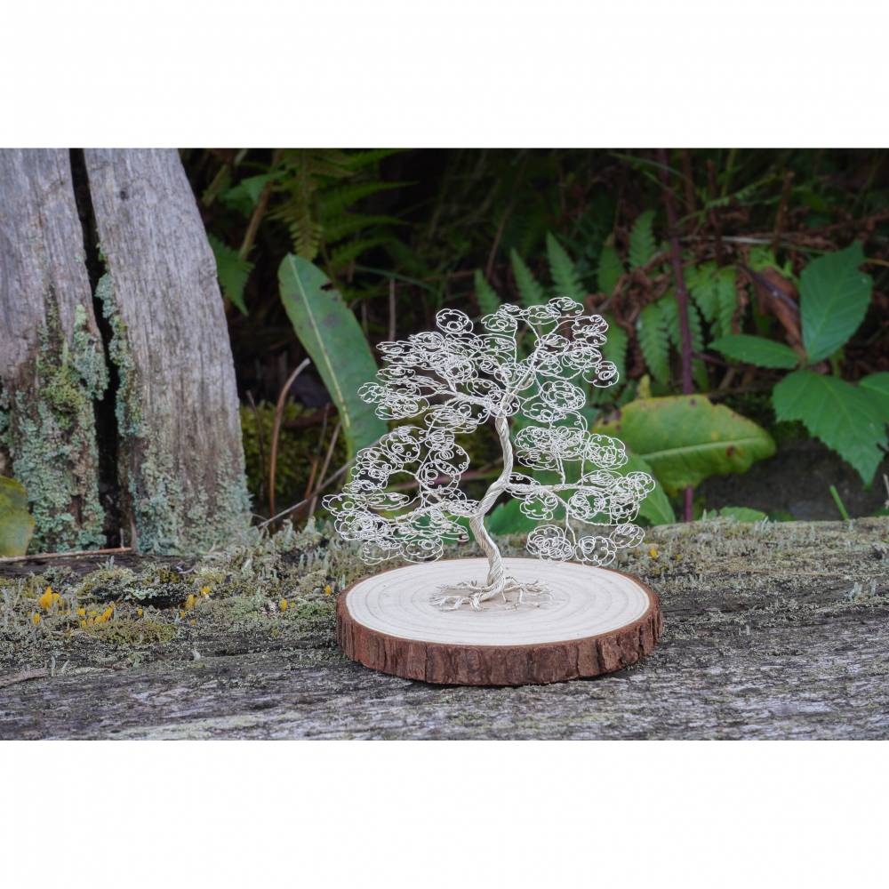 Mini Drahtbaum auf Holzscheibe Silber - GRE S - Deko Bonsai aus Draht,  Unikat Dekoration - verschiedene Varianten