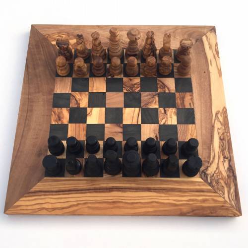 Schachspiel gerade Kante, Schachbrett Gr. M inkl. 32 Schachfiguren Handgemacht aus Olivenhoolz, hochwertig, Geschenkidee