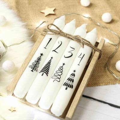 Adventskerzen 4er Set mit Beschriftung in Holzbox ~ Advent | Adventskranz