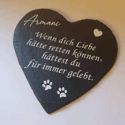 Herz aus Schiefer/ Erinnerung an ein Haustier mit Name und Pfötchen/ Trauergeschenk/ Grabdeko