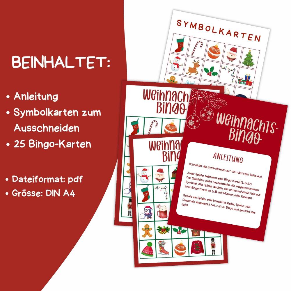 Bingo für Weihnachten Druckvorlage - Weihnachtsbingo zum Selberdrucken - Bingo für Kinder - Digitaler Download Bild 2