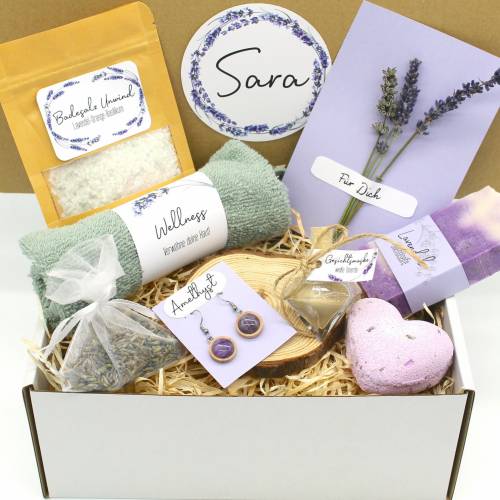 Vegan: Personalisierte Geschenkbox Lavendel Wellnessbox handgemachte Seife Amethyst Ohrringe Geschenk Freundin Lavendel 