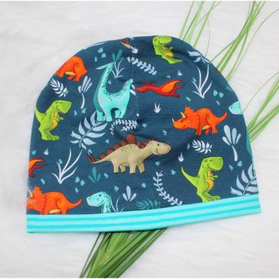 Beanie | Dinofreunde | Loop | Mütze | Kindermütze | Wintermütze | dunkelblau | mint 
