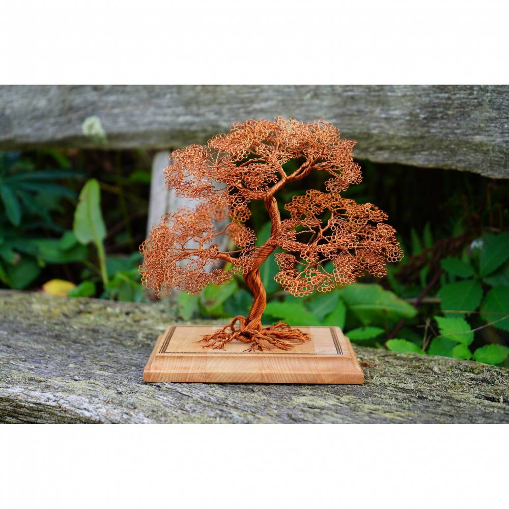 Drahtbaum auf Holzfu - GRE L - Deko aus Holz, Baum aus Draht,  Dekorationsartikel fr Zuhause, Kupferdraht, Unikat, Bo