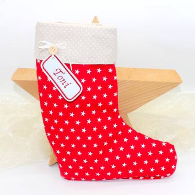 Nikolausstiefel rot beige Sterne mit  Namen personalisiert / Nikolaus Socke / Stiefel / Strumpf aus Stoff