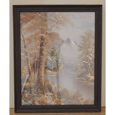Kunstdruck See Berge Bäume mit Mahagoni Holzrahmen von ADINA – Vintage Bild unter Glas