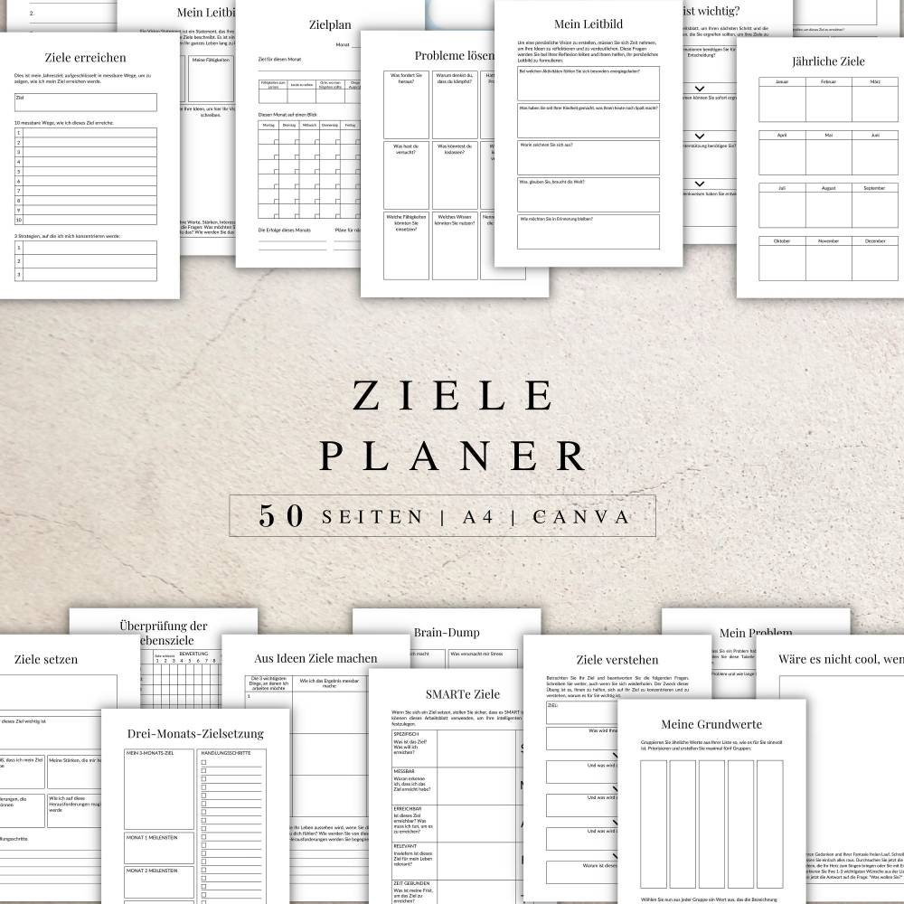 Zieleplaner als Canva Version in Deutsch (A4) | Planer zum ausdrucken oder digital nutzbar | 50 Seiten zum individuell a Bild 1