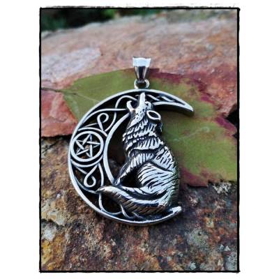 Wolfsanhänger mit Mond aus Edelstahl, Wolfsschmuck, Männerschmuck, Schutzamulett 