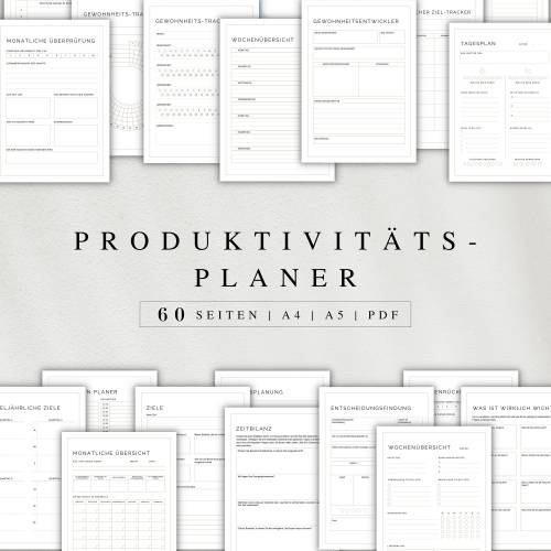 Produktivitätsplaner als PDF Version in Deutsch (A4 & A5) | 60 minimalistische Planerseiten zum ausdrucken oder digital 