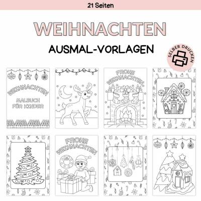 Malbuch Weihnachten Druckvorlage - Ausmalen zum Selberdrucken - Weihnachtsmalbuch für Kinder - Digitaler Download