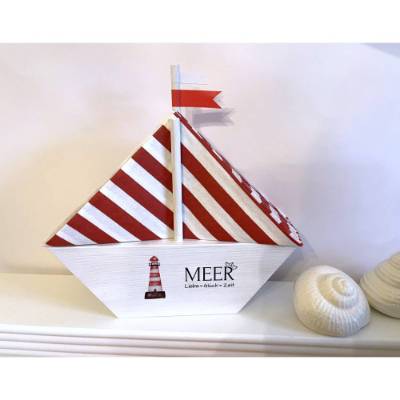 Serviettenständer/Serviettenhalter, Segelschiff aus Holz, weiß lasiert,  mit Servietten und Wimpeln