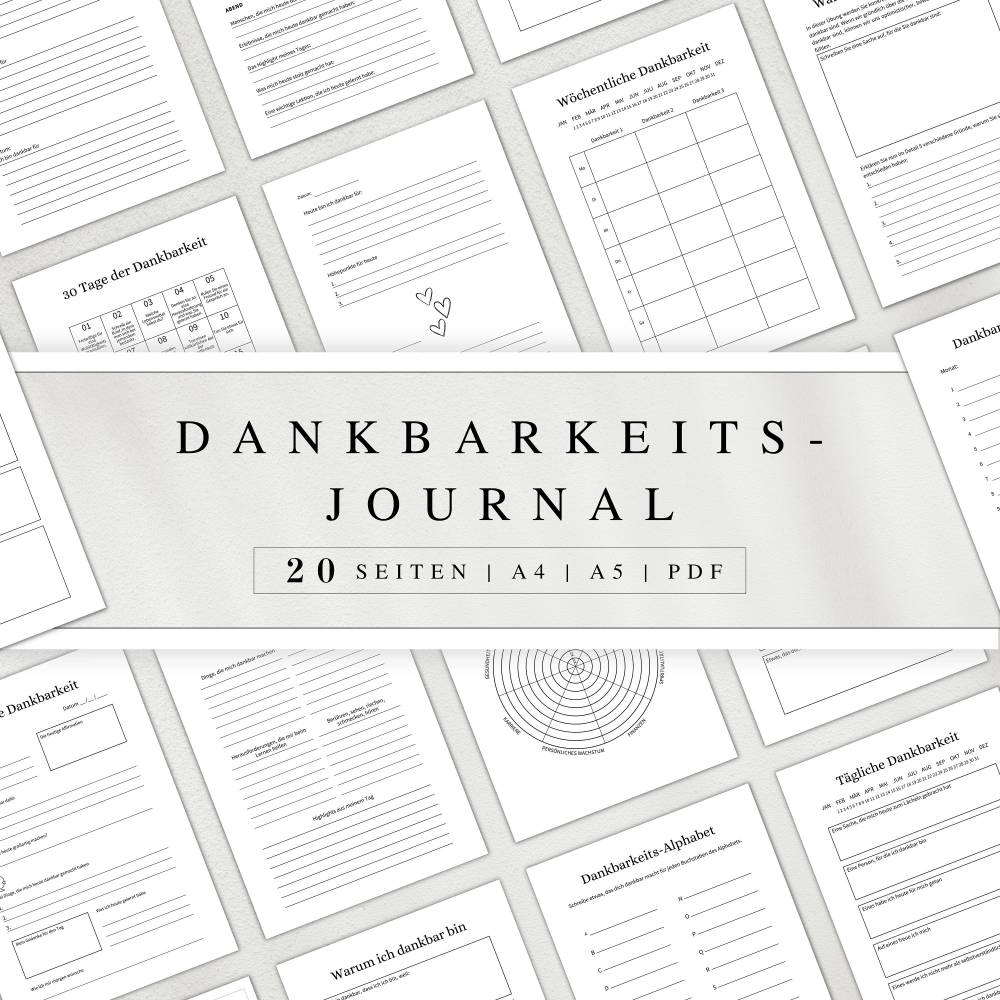 Dankbarkeitsjournal als PDF Version in Deutsch (A4 & A5) | 20 minimalistische Journalseiten zum ausdrucken oder digital Bild 1