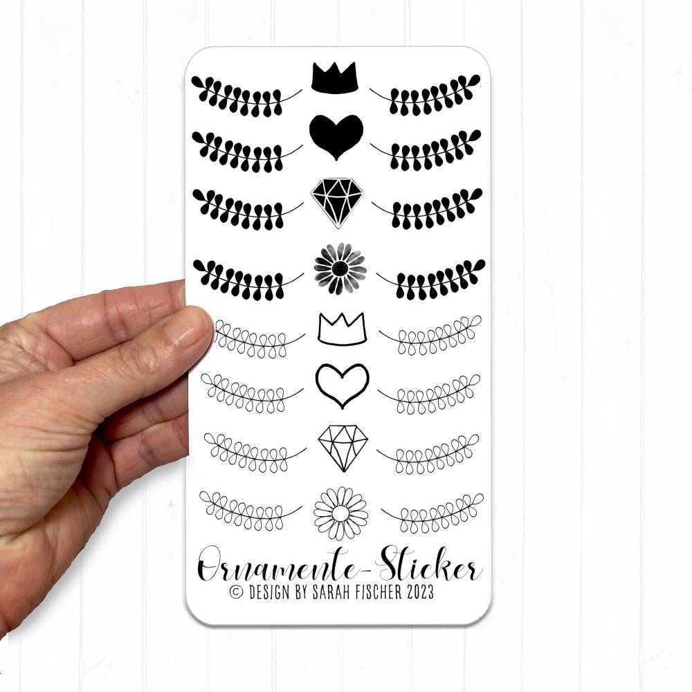Stickerbogen Ornamente | Blume, Herz, Krone, Diamant, Zweige | Schwarz Weiss Aufkleber Sticker Bild 1