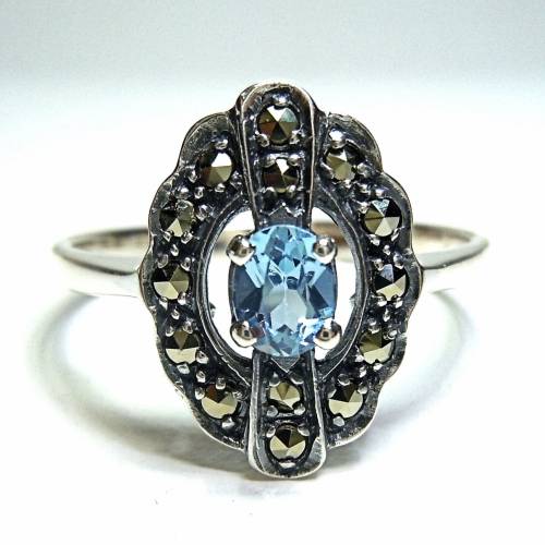 Feiner Silber Jugendstil Ring mit ovalem Aquamarin & Markasiten – Handgefertigtes Unikat