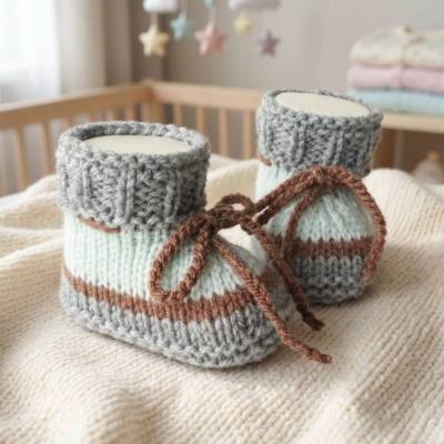 Babyschuhe gestrickt Strickschuhe Baby grau mint braun Geschenk Geburt Finkli