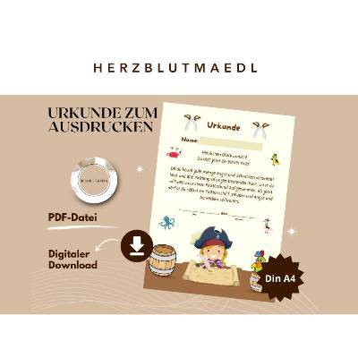 Piraten Geburtstag Ideen - Mitgebsel für die ultimative Piratenparty - Urkunde in DIN A4 als digitale Datei