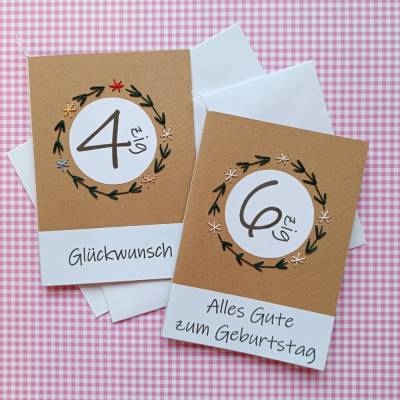 Geburtstagskarte Jubiläum mit Jahreszahl und aufgesticktem Blumenkranz mit Wunschtext