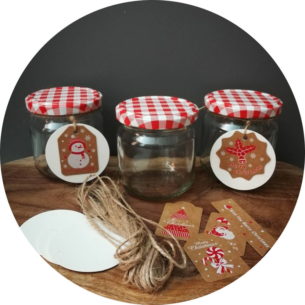 6 weihnachtliche Einmachgläser inkl. Etiketten für handmade Geschenke