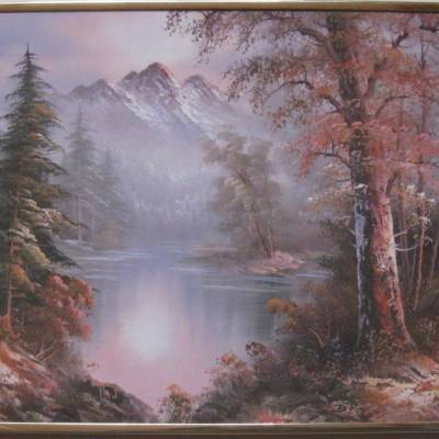 Vintage Kunstdruck Andreas – Goldrahmen, Seelandschaft, signiert, 41x51 cm