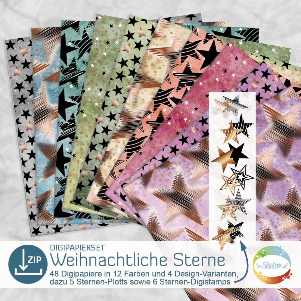 Digipapierset Weihnachtliche Sterne, Weihnachtspapier für Geschenke, Adventskalender, Deko rund um Weihnachten Bild 1