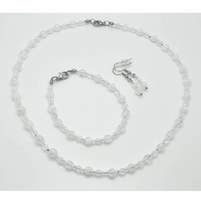 Schmuckset 3-teilig Kette Armband Ohrringe mit Bergkristall Perlen und Bicone Kristallen Weiß Crystal AB Perlen (788)