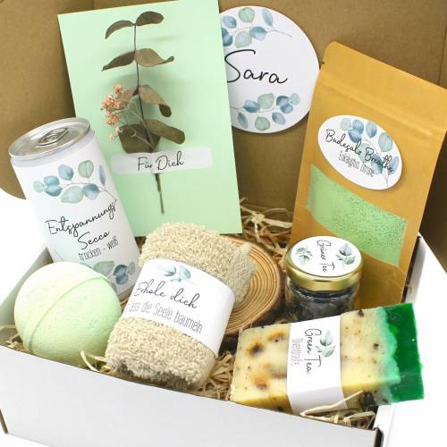 Vegan: Personalisierte Wellnessbox Eukalyptus Geschenkbox Kräuter Seife Badekugel Geschenkidee mit Namen Thymian Grüner 