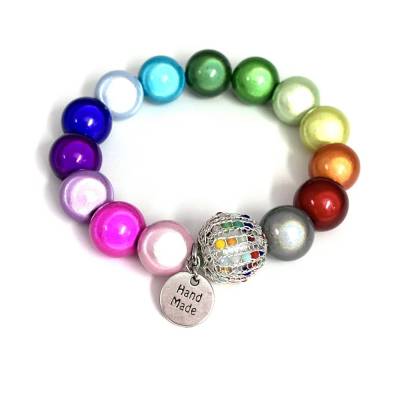 REGENBOGEN elastisches Armband aus 14mm dicken, magischen Leuchtperlen mit gestrickter Kugel aus silberfarbenem Kupferdr