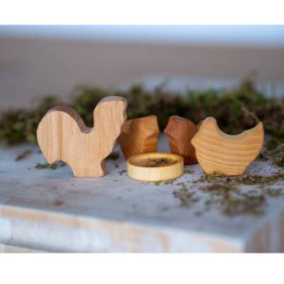 Bauernhof Hühner Familie aus Holz, handgemachtes Holzspielzeug für Waldorf und Montessori, Holzfiguren für Rollenspiele 