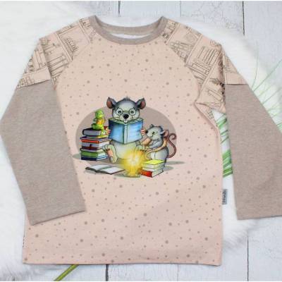 Gr. 134 Langarmshirt | Leseratte | Tiere | Raglanshirt | Handmade | beige | paper 