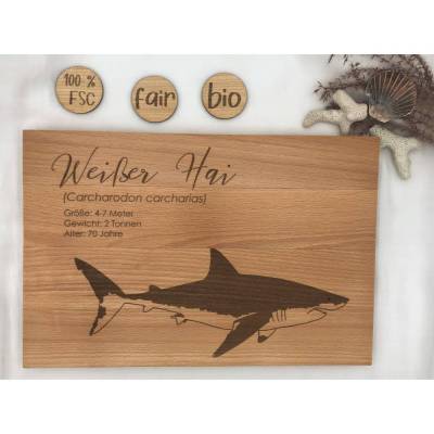 Schneidebrett, Servierbrett, Käsebrett aus Buchenholz: Weißer Hai, 100% FSC, personalisierbar, Geburtstagsgeschenk